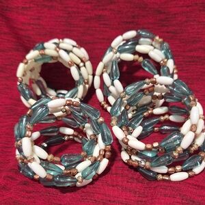 Elegant Beaded Napkin Ring Set of 4 in Ivory, Green & Copper Colored